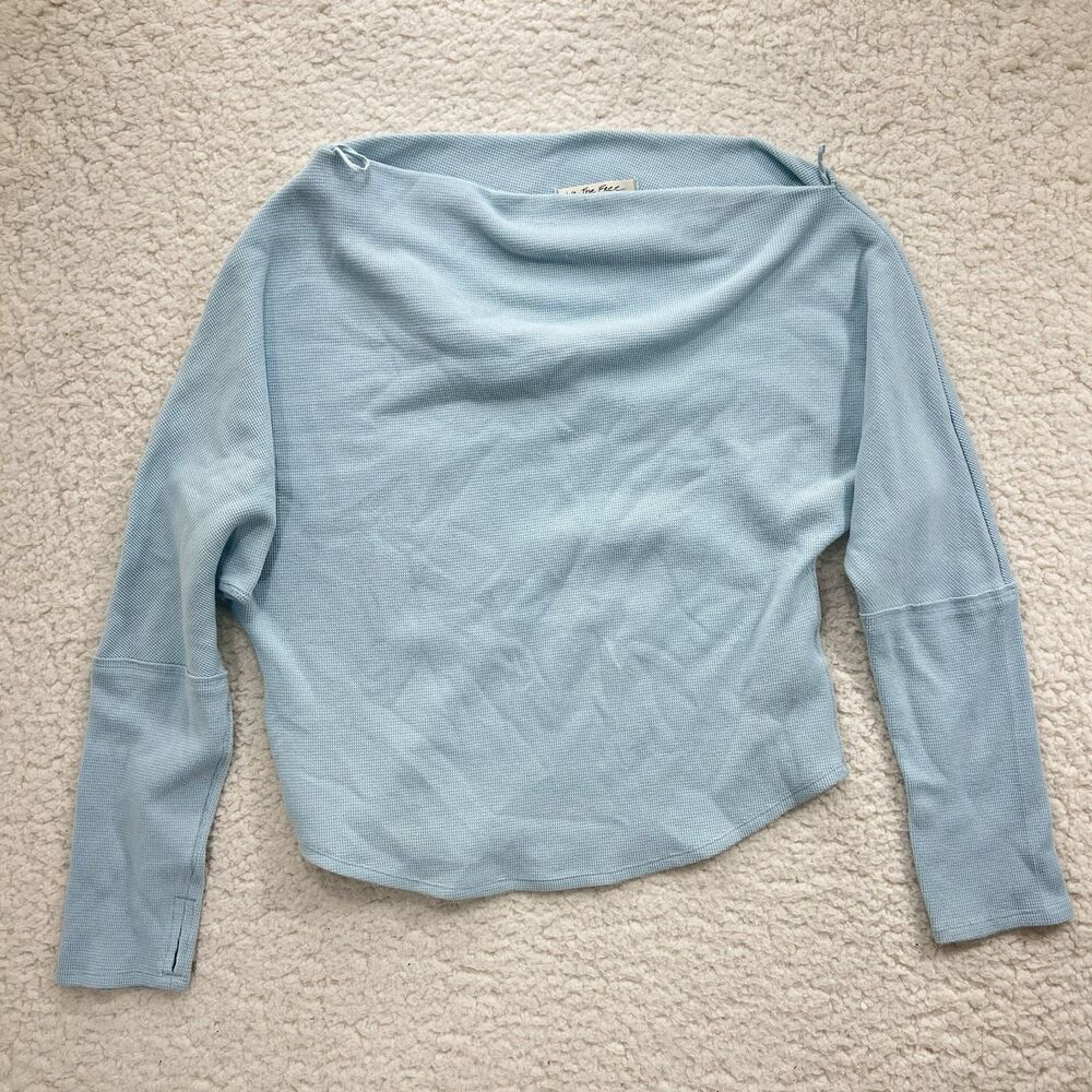 We The Free Free People Waffle Knit Long Sleeve Top Blue XL Off Shoulder Casual